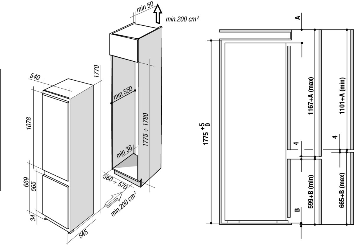 Встраиваемый холодильник Hotpoint-Ariston b 20 a1 FV C/ha схема встраивания